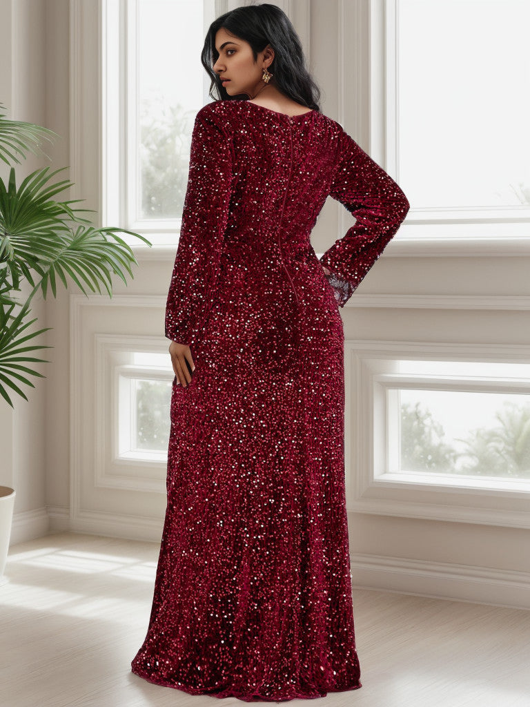 Plus Size Langarm Pailletten Frontschlitz Bodycon Abendkleid